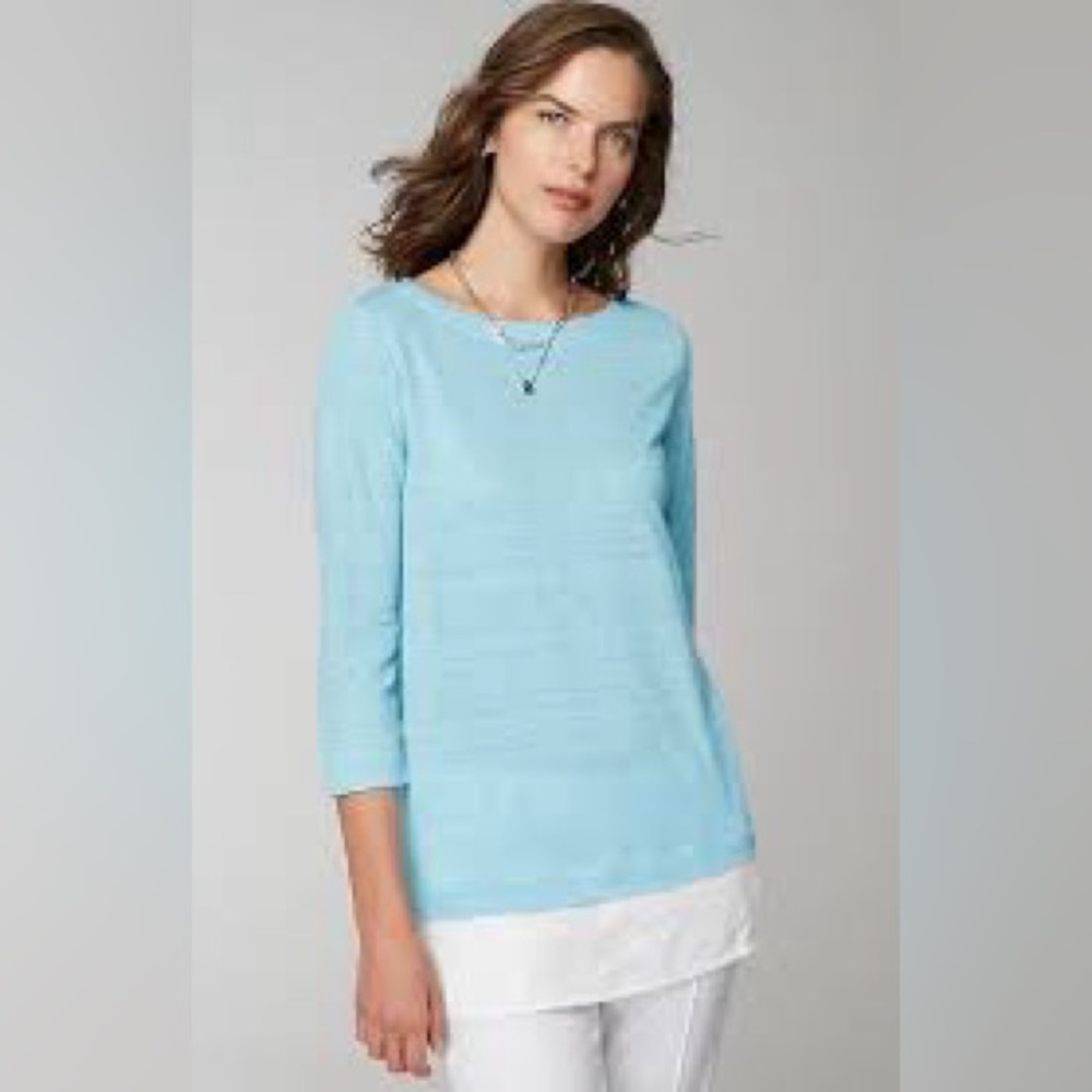 J. Jill Love Linen Blue & White Layered Look ¾ Sleeve Tunic Top Size Medium